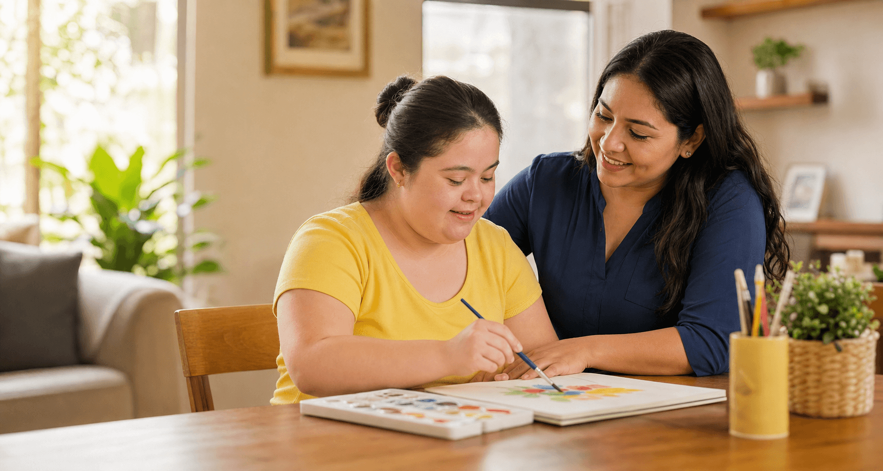 Latina caregiver supporting an adult woman in a warm home setting